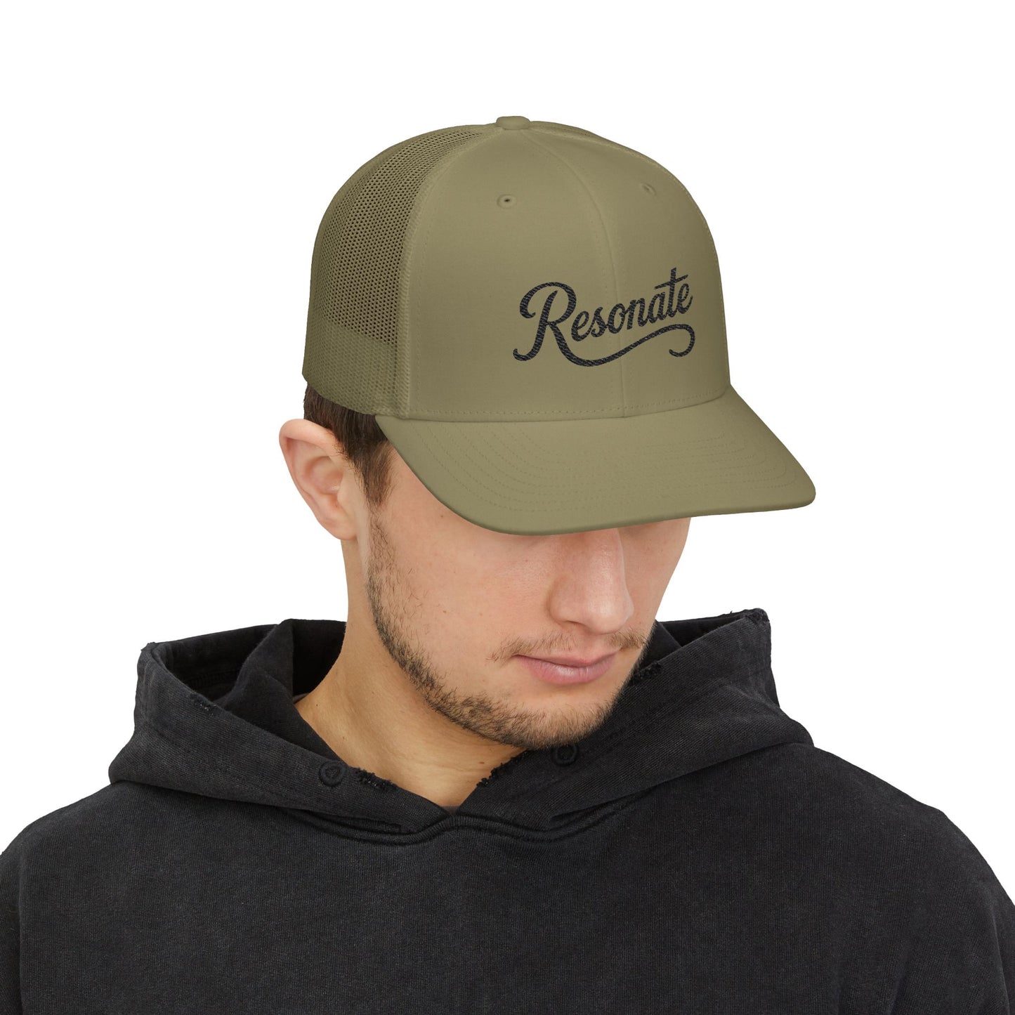 Resonate Embroidered Trucker Hat — Black Snapback Cap