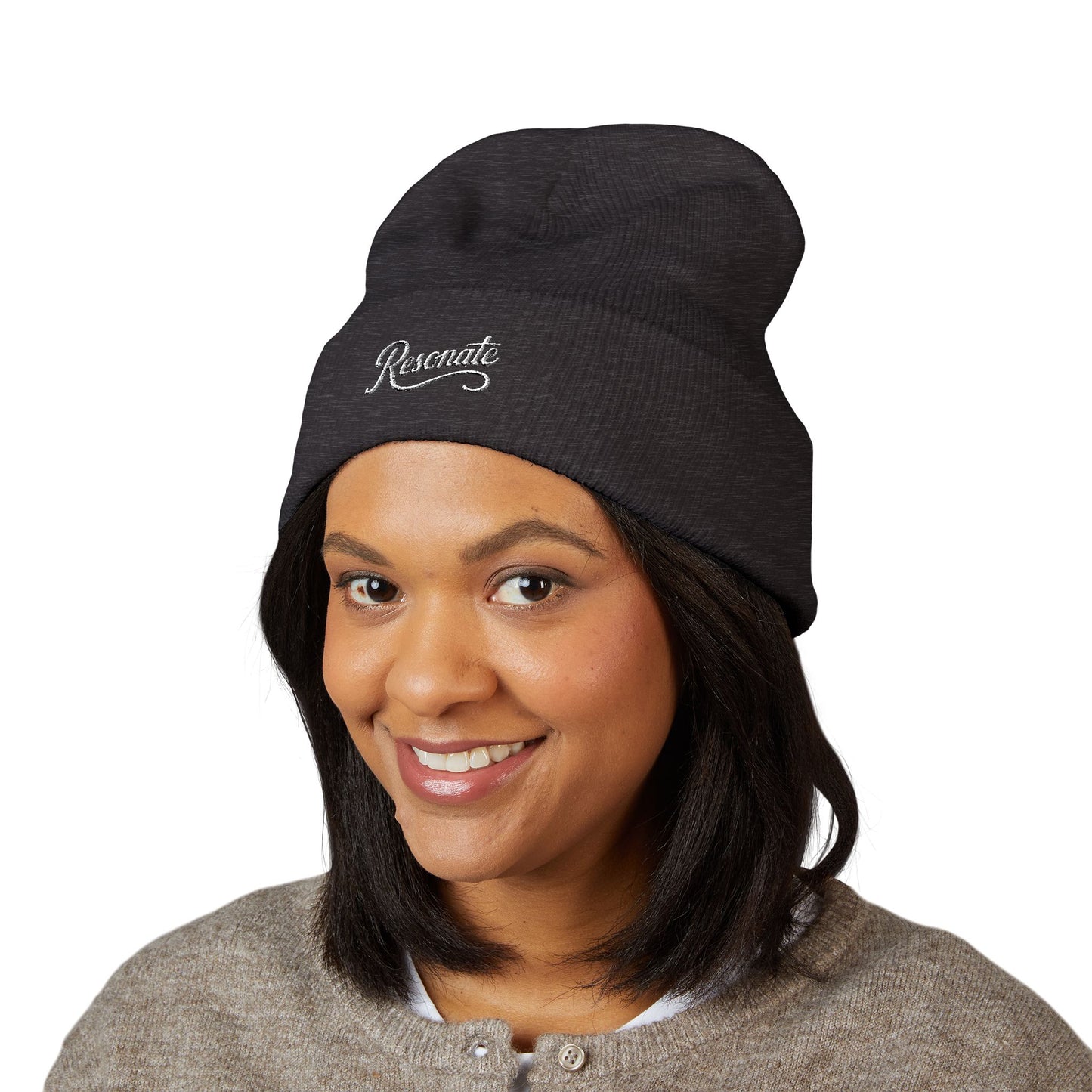 "Resonate" Embroidered Cuffed Beanie — Knit Winter Hat