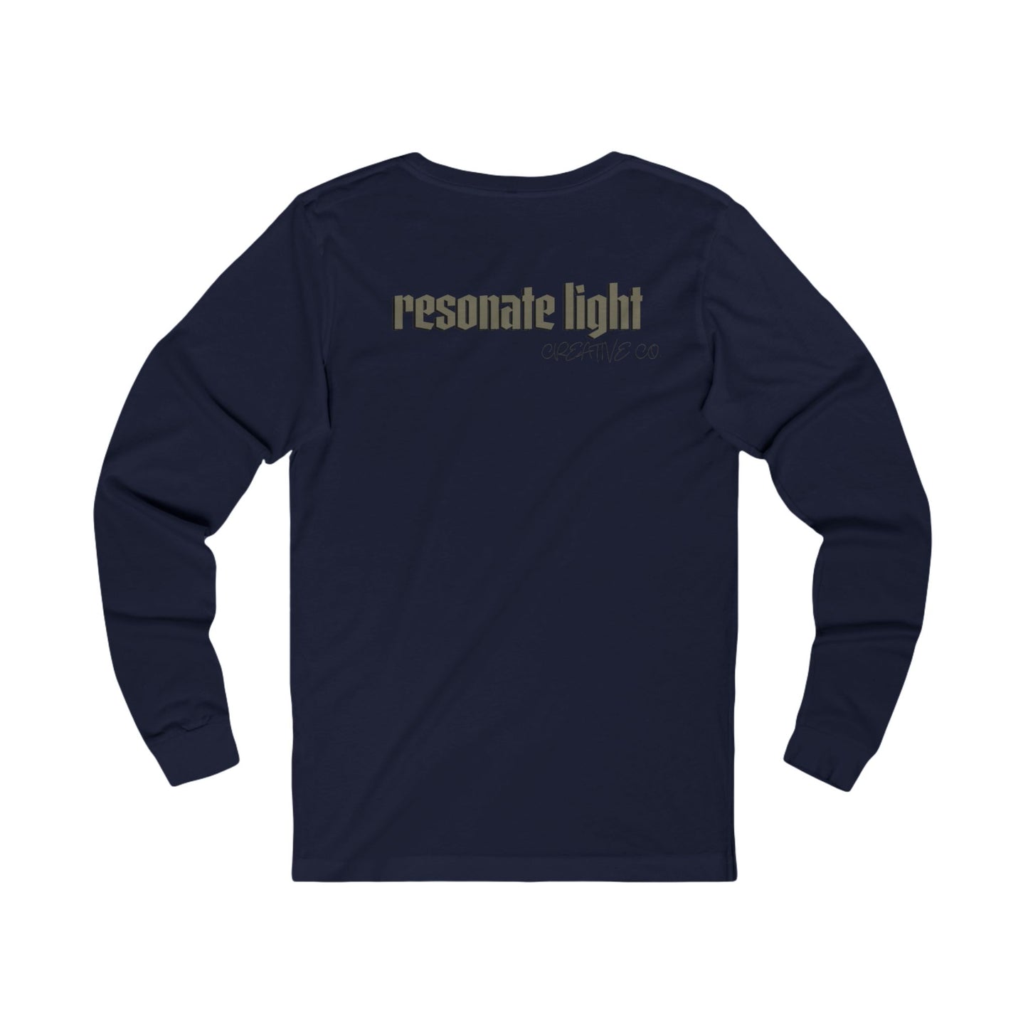 Resonate Light Long Sleeve Tee — Subtle Chest Skull Graphic & Back 'resonate light' Logo