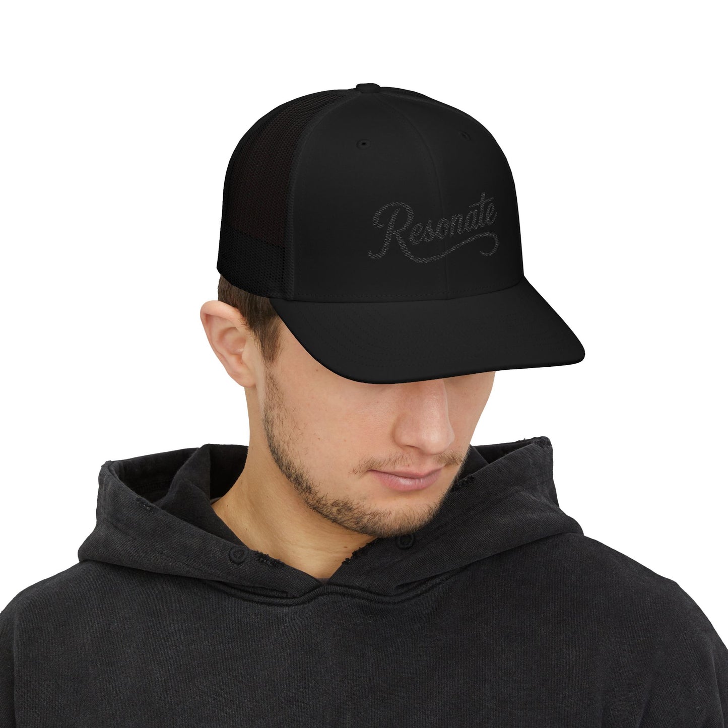 Resonate Embroidered Trucker Hat — Black Snapback Cap