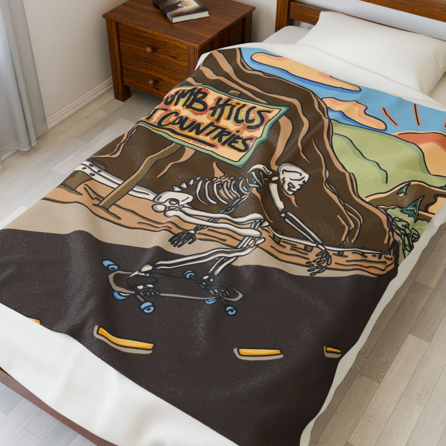 Freebord Skeleton Velveteen Plush Blanket — "Bomb Hills Not Countries" Graphic Throw