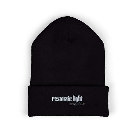 Embroidered "Resonate Light" Classic Cuffed Beanie — Black Knit Winter Hat