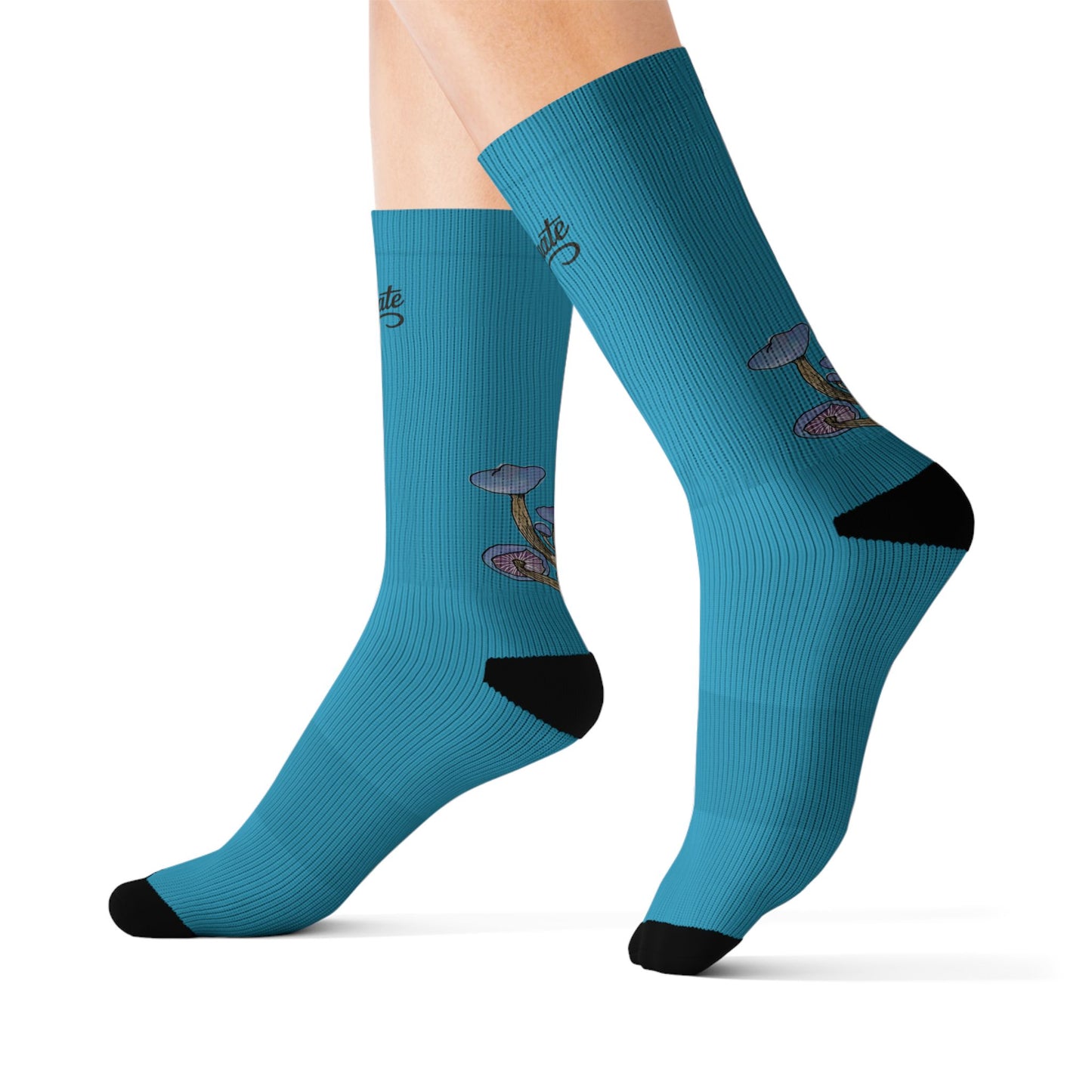 Blue Mushroom Crew Socks — Whimsical Fungi Sublimation Socks