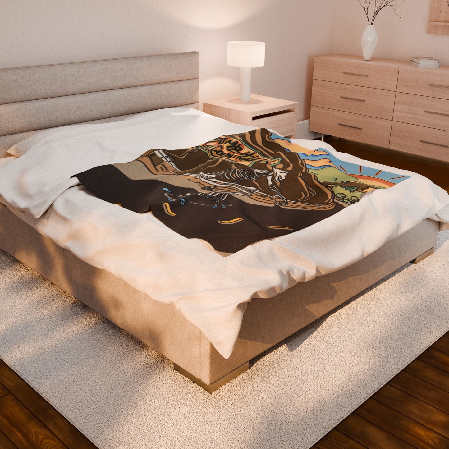 Freebord Skeleton Velveteen Plush Blanket — "Bomb Hills Not Countries" Graphic Throw