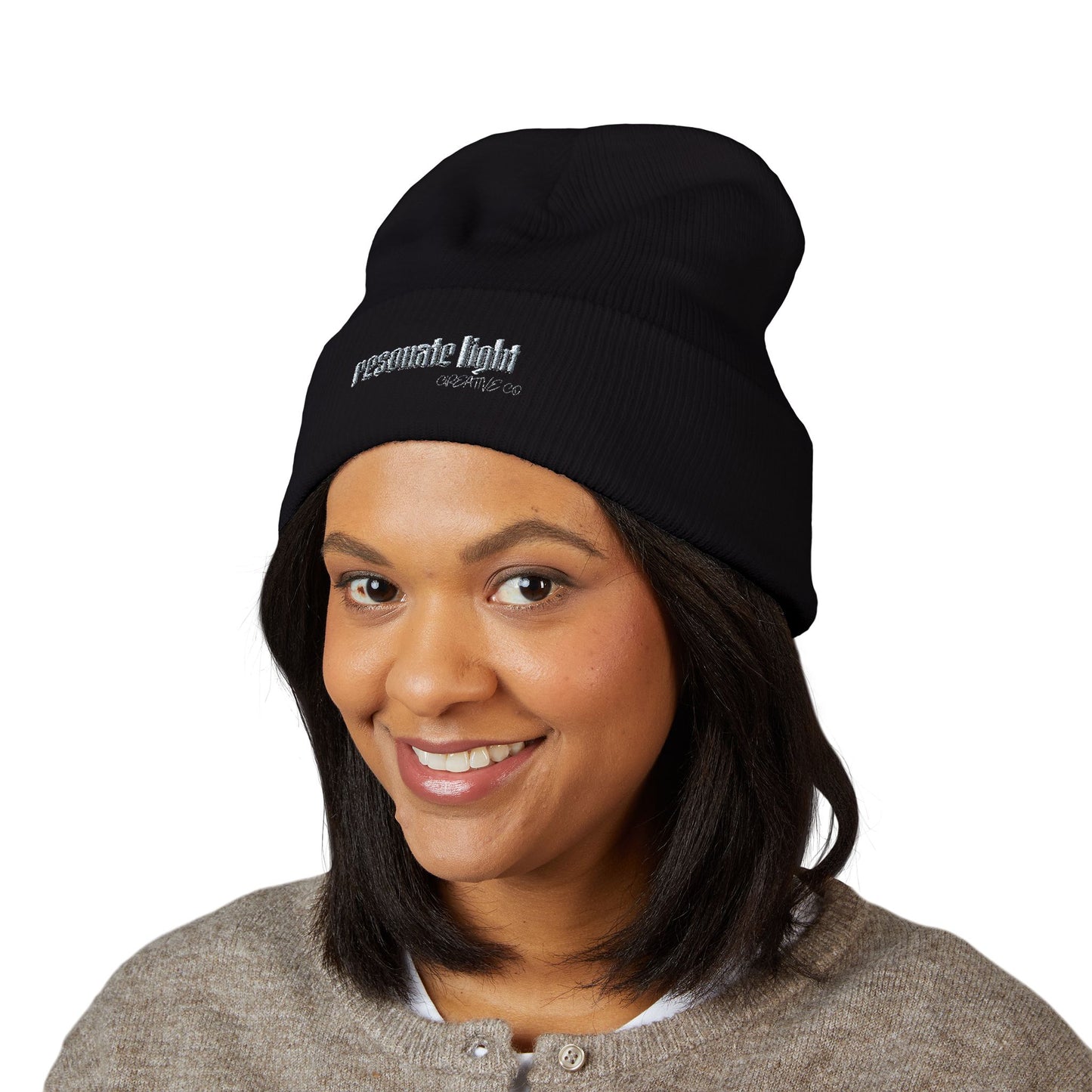 Embroidered "Resonate Light" Classic Cuffed Beanie — Black Knit Winter Hat