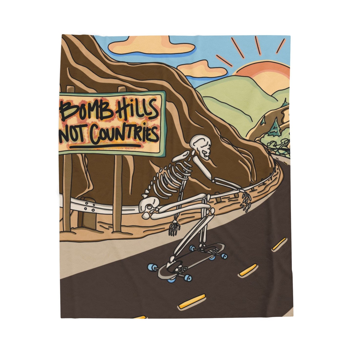 Freebord Skeleton Velveteen Plush Blanket — "Bomb Hills Not Countries" Graphic Throw