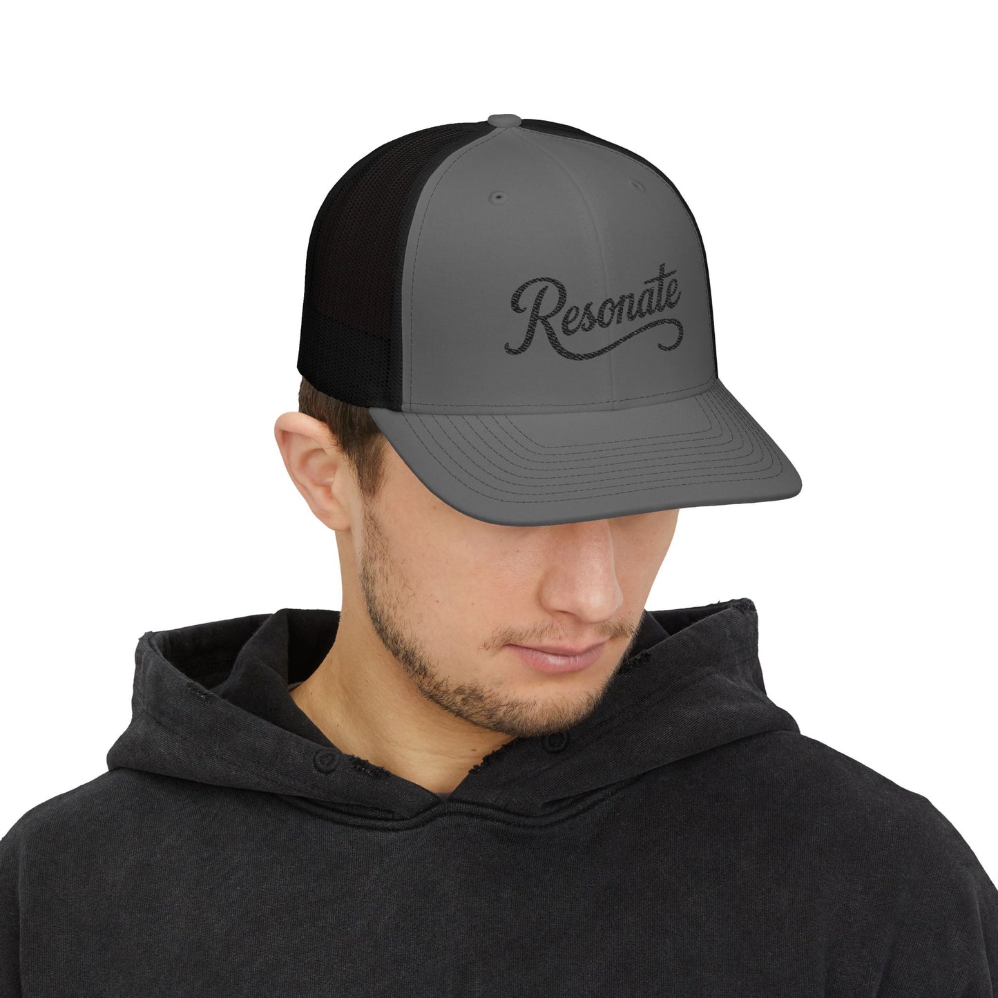 Resonate Embroidered Trucker Hat — Black Snapback Cap